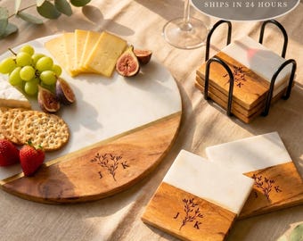 Personalized Marble and Mango Wood Cheese Board with Matching Coasters, Engraved Olive Branch Initials Wedding Gift for Couples