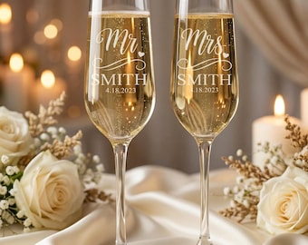 Wedding Champagne Flutes Set of 2, Personalized Bride and Groom Glasses, Wedding Gift