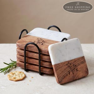 Personalized Marble & Wood Coasters: Custom Initial Gift, Wedding Decor, Housewarming Gift