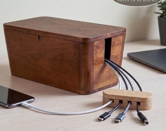 Wood Cable Management Box: Desk Organizer, Hidden Wire Storage, Acacia & Mango Wood Options