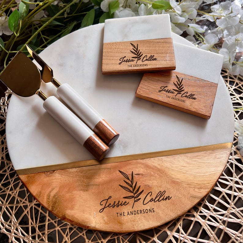 Customized Cutting Board, Fall Host Gift, Thanksgiving Centerpiece, Personalized Charcuterie Board, Marble Cheeseboard Set, Engagement Gift image 7