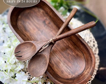 Dark Wooden Dough Bowl: Rustic Acacia Wood Kitchen Gift, 17 Inch Serving Bowl