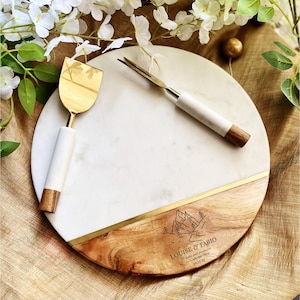 Personalized Mountain Wedding Charcuterie Board with Engraved Cutlery