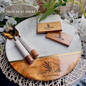 Customized Cutting Board, Fall Host Gift, Thanksgiving Centerpiece, Personalized Charcuterie Board, Marble Cheeseboard Set, Engagement Gift image 1