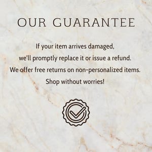 a text-based advertisement with a guarantee for a product, stating that if the item arrives damaged, it will be replaced or issued a refund. The guarantee also mentions that the company offers free returns on non-personalized items and encourages shoppers to shop without worries.