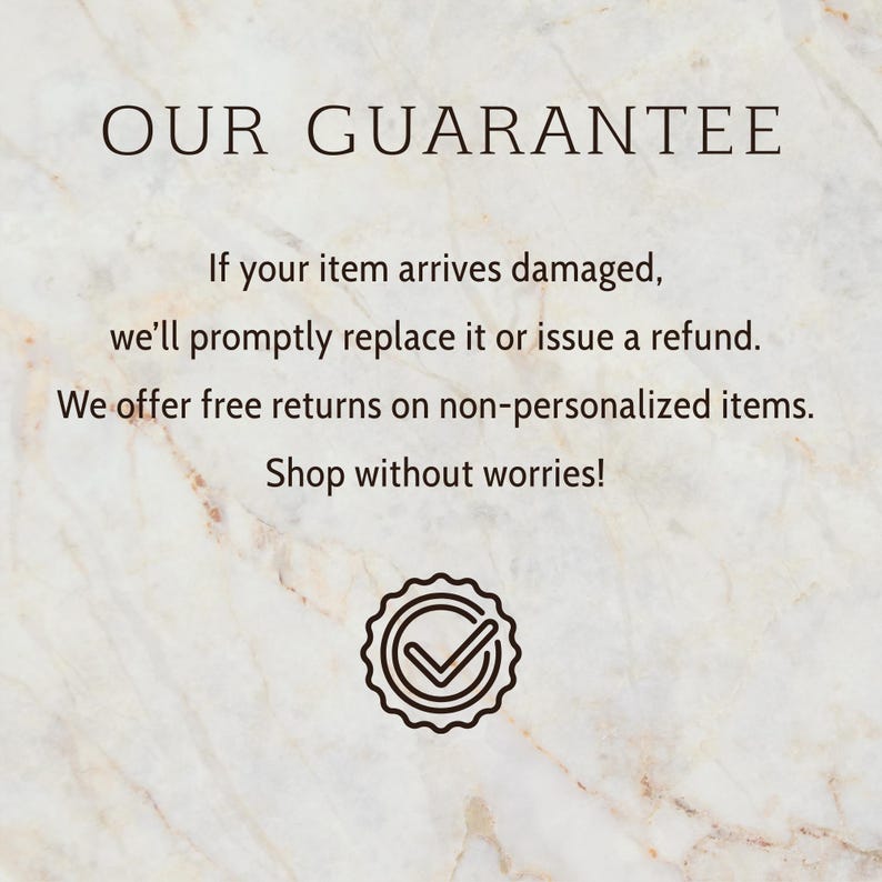 a text-based advertisement with a guarantee for a product, stating that if the item arrives damaged, it will be replaced or issued a refund. The guarantee also mentions that the company offers free returns on non-personalized items and encourages shoppers to shop without worries.
