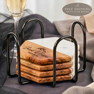Personalized Hexagon Marble Coasters: Custom Engraved Wedding Gift, Black & White Coaster Options