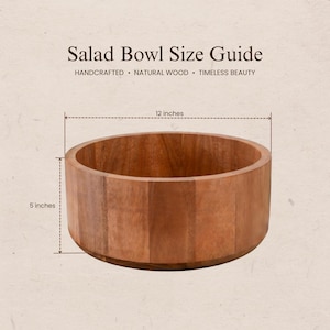a wooden salad bowl with measurements and text providing information about the bowl's size.