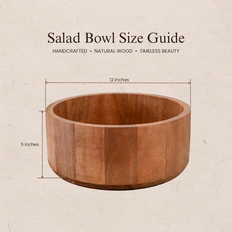 a wooden salad bowl with measurements and text providing information about the bowl's size.