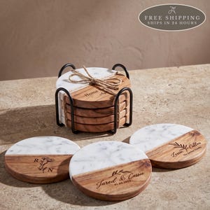Posavasos personalizados de mármol y madera: juego de posavasos con soporte, regalo de boda, regalo para recién casados, regalo de inauguración de casa.