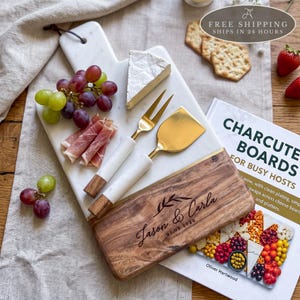 Personalized Marble and Acacia Cheese Board with 2-Piece Cutlery, Engraved Couple Names and Wedding Date Gift