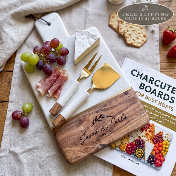 Personalized Marble and Acacia Cheese Board with 2-Piece Cutlery, Engraved Couple Names and Wedding Date Gift