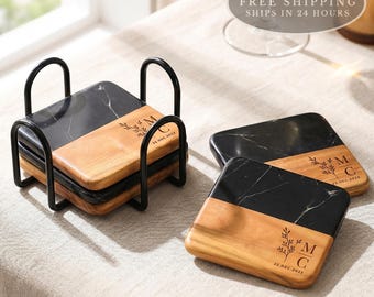 Personalized Black Marble & Wood Coasters: Wedding Gift, Anniversary Gift, Thanksgiving Hosting
