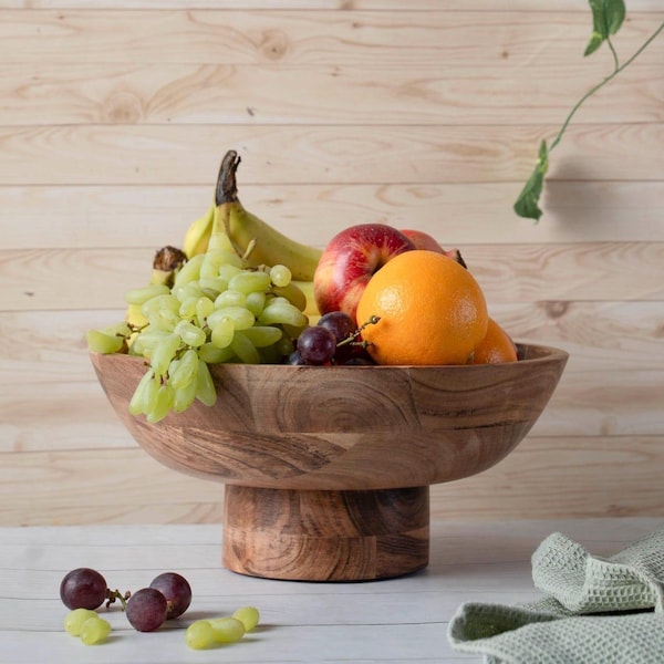 Wooden Fruit Bowl, Acacia Wood Footed Bowl, Fall Host Gift, Pedestal Dining Table Bowl, Kitchen Gift,Serving Bowl,Fall Decor,Country Cottage