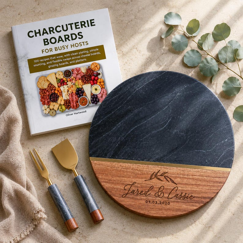 a collection of food-related items, including a book titled "Charcuterie Boards for Busy Hosts" and a marble serving platter with a personalized engraved design.