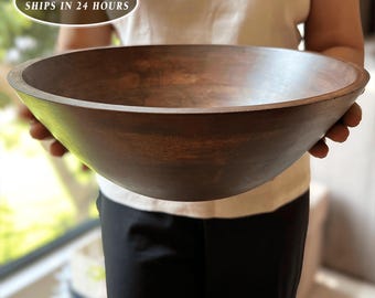 Large Walnut Salad Bowl Set, Wooden Serving Bowl with Utensils, Rustic Fruit Bowl Table Centerpiece