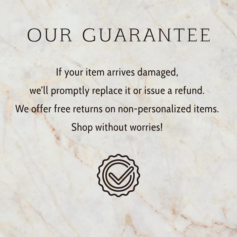 a text-based advertisement with a guarantee for a product, stating that if the item arrives damaged, it will be replaced or issued a refund. The guarantee also mentions that the company offers free returns on non-personalized items and encourages shoppers to shop without worries.