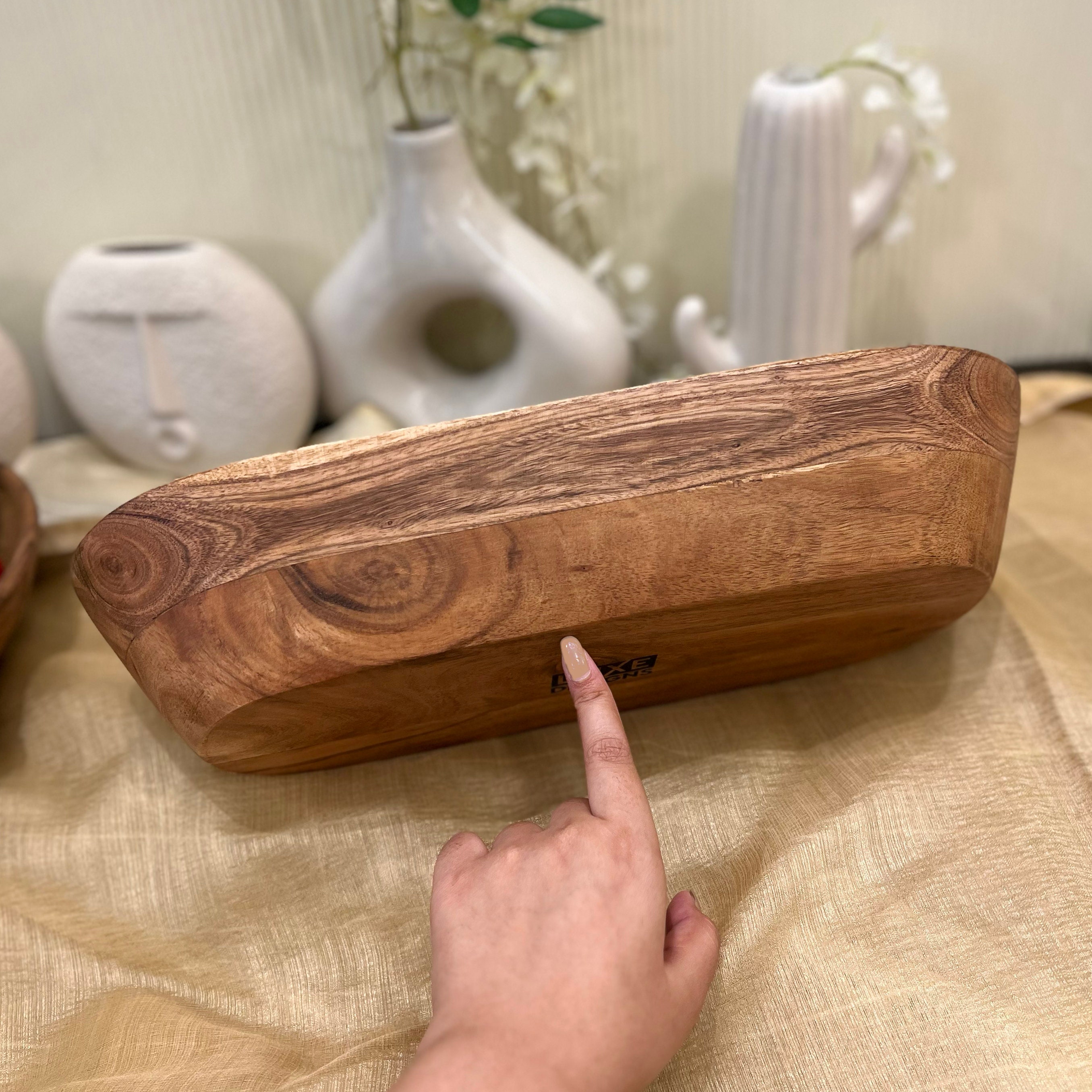 Large Long Carved Dark Wooden Dough Bowl, Bread Proofing, Riser