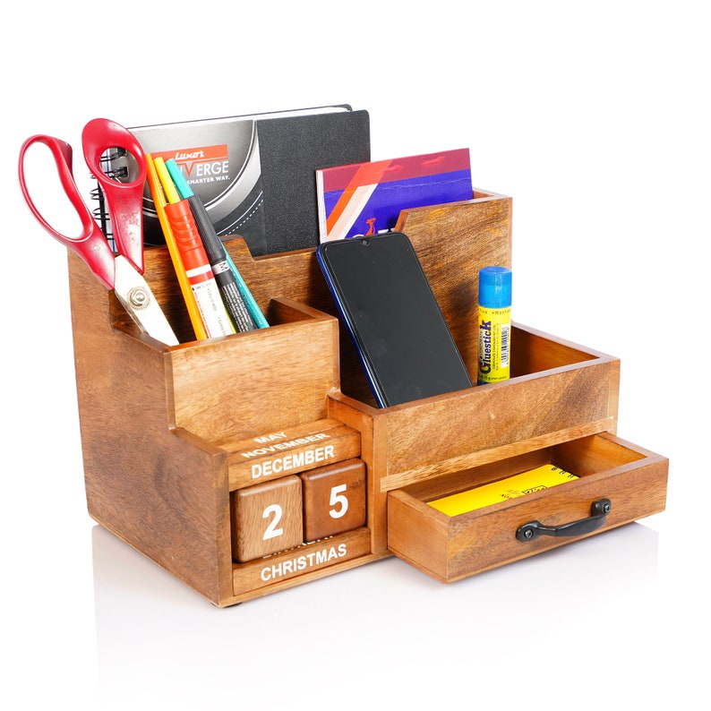 Wood Desk Organizer for Back to School, Home Office, Mail Room, Cell Phone Holder, and Kitchen Storage image 3