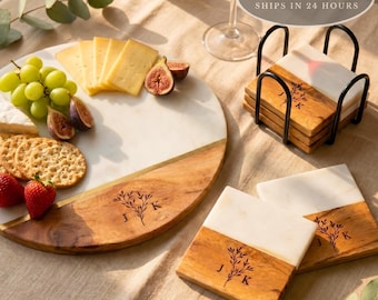 Personalized Olive Branch Charcuterie Board with 2-Piece Cutlery Set: Engaged Couple Gift, Wedding Hosting, Marble Serving Board,
