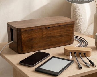 Wood Cable Management Box: Rustic Cord Organizer, Power Strip Cover, Desk Wire Storage