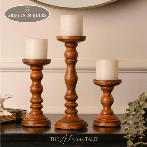 Handmade Wood Pillar Candle Holder Set, Rustic Table Centerpiece