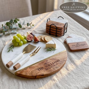 Personalized Marble and Acacia Cheese Board with 2-Piece Cutlery, Custom Last Name Wedding Gift for Newlyweds