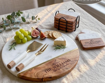 Personalized Marble and Acacia Cheese Board with 2-Piece Cutlery, Custom Last Name Wedding Gift for Newlyweds