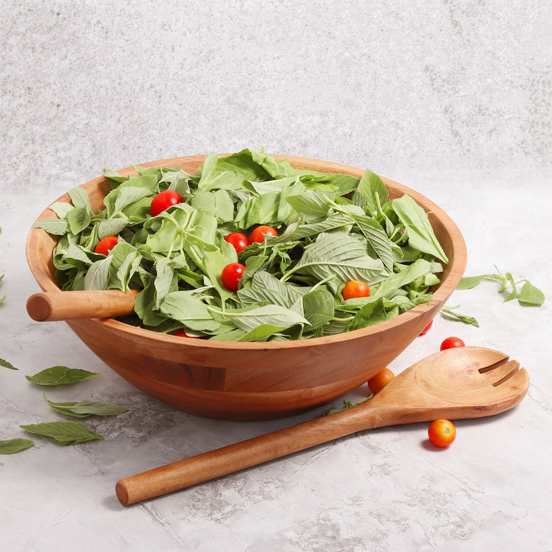 Image of Hand-Carved Wood Salad Bowl with Serving Utensils