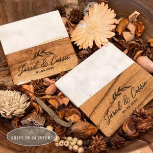 Personalized Coasters Set, Wedding Gift, Custom Engraved Marble Wood Coaster, Engagement Gifts,Personalized Initials Coaster,Gift For Guests