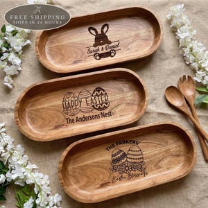 Easter Wooden Dough Bowl: Rustic Table Centerpiece Decor, Wooden Serving Tray Gift, Handmade Kitchenware