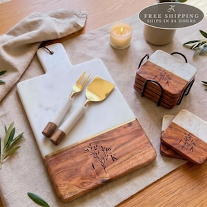 Personalized Marble Mango Wood Charcuterie Board: Wedding Gift, Cheese Serving Tray