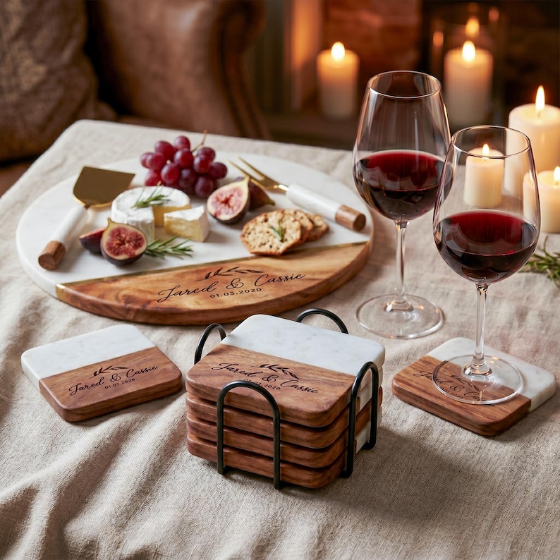 a table set with a variety of food items, including grapes, cheese, and crackers, along with two glasses of red wine. The table is also adorned with coasters and a wooden tray, creating a cozy and inviting atmosphere.