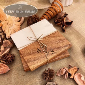 Personalized Wood Coasters, Custom Engraved Marble Wood Coasters Set, Anniversary Gifts for Him, House Warming Gift, Bridal Shower Gift