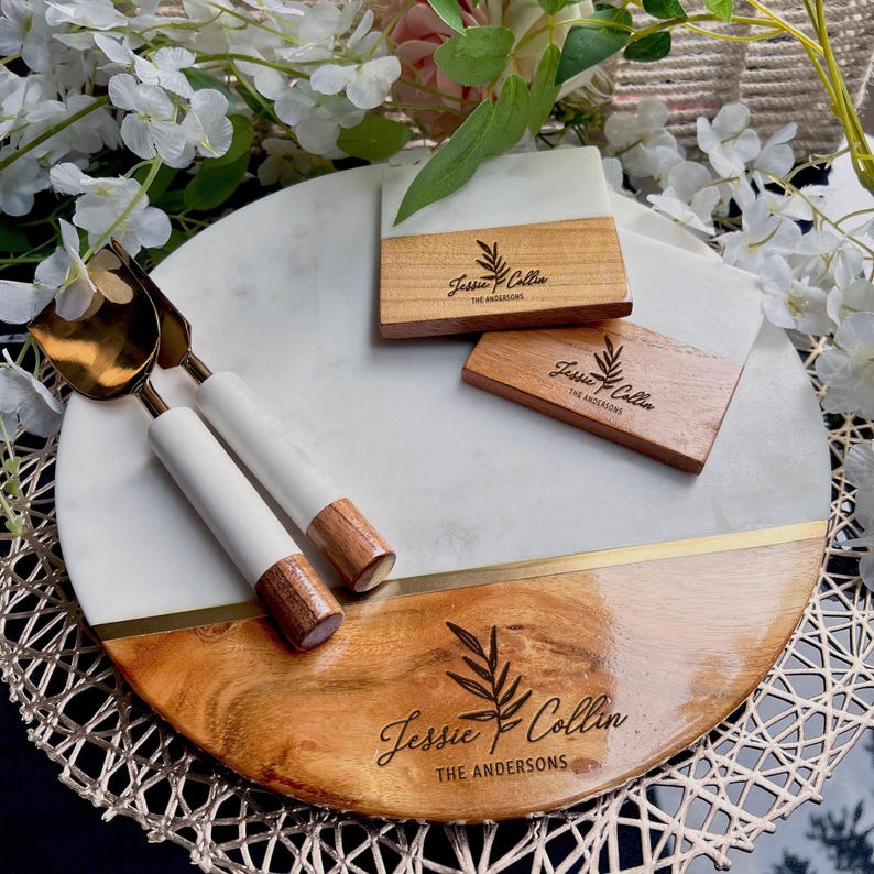 Customized Cutting Board, Fall Host Gift, Thanksgiving Centerpiece, Personalized Charcuterie Board, Marble Cheeseboard Set, Engagement Gift image 2