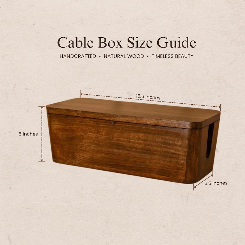a wooden cable box with measurements and text providing a size guide.