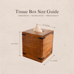 a wooden tissue box with measurements and text providing information about the size of the box.