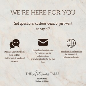 The image is a promotional poster for a company called "The ArtisansTales". It features a message asking for help with questions, custom ideas, or just wanting to chat, along with three icons representing different ways to communicate with the company.