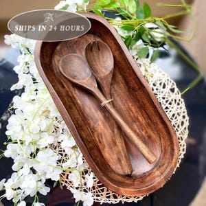 Long Wooden Bowl Set, Salad Bowl, Large Serving Bowl, Spring Decor, Food Safe Dough Bowl, Wood Bread Bowls, Unique Kitchenware, Food Lover