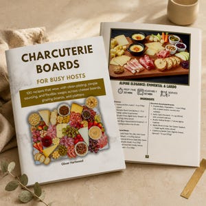 a cookbook titled "Charcuterie Boards" by Oliver Hartwood, with a photo of a charcuterie board on the cover.