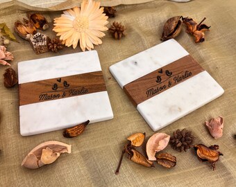 Custom Marble Wood Premium Coasters, Personalized Engraved Wedding Coasters, Gifts for Mom and Dad, Appreciation Gift for Boss