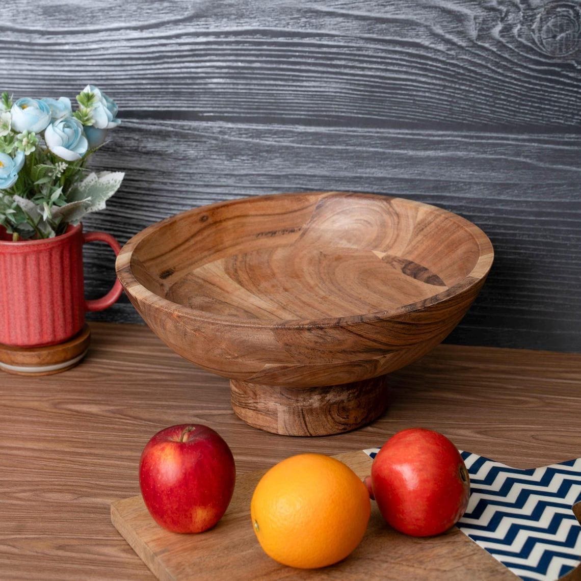 Premier Housewares Rustic Wood Fruit Bowl | Solid Carved Acacia Salad Bowl | 10 X 26 X 26 Cm