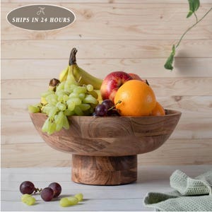 Fruit Bowl Wood, Decorative Footed Bowl, Fall Host Gift, Table Centerpiece, Acacia Wood Serving Bowl, Rustic Farmhouse Kitchen Decor