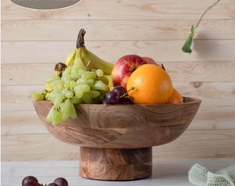 Fruit Bowl Wood, Decorative Footed Bowl, Fall Host Gift, Table Centerpiece, Acacia Wood Serving Bowl, Rustic Farmhouse Kitchen Decor