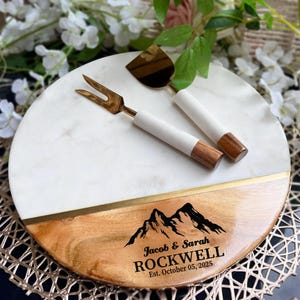 Mountain Wedding Charcuterie Board, Fall Wedding Gift, Custom Engraved Cheese Board, Engagement Gift, Marble Cutting Board, Bridal Shower