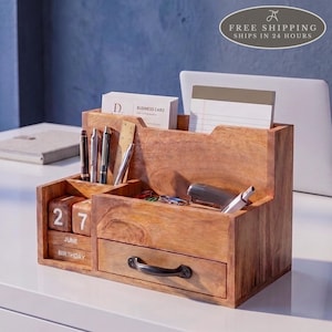 Wood Desk Organizer, Docking Station with Phone Stand, Charging Station, Business Card Holder