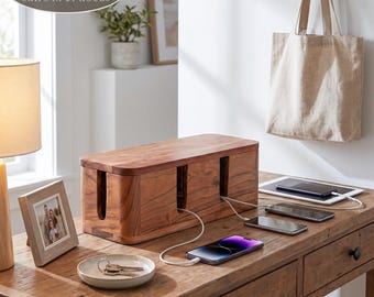 Wood Cable Management Box: Hidden Wire Storage, Desk Organizer, Rustic Home Decor, Fathers Day