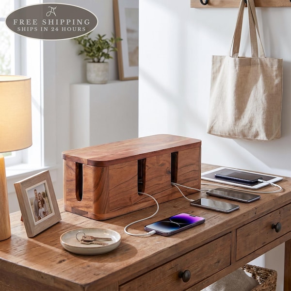 Wood Cable Management Box: Hidden Wire Storage, Desk Organizer, Rustic Home Decor, Fathers Day