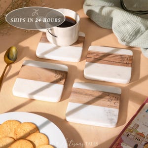 Custom Engraved Marble Wood Coasters, Small Gift, Couples Coasters For Drinks, Christmas Gift, Wedding Monogram Coaster, Stocking Stuffer