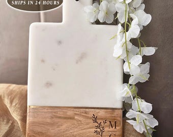 Personalized Marble and Mango Wood Paddle Charcuterie Board, Engraved Botanical Monogram and Date Wedding Gift for Couples